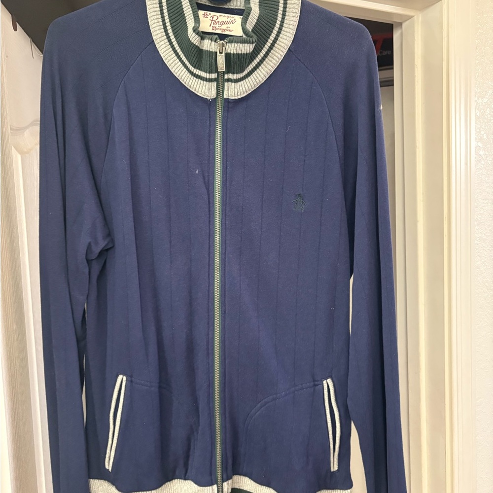 Original Penguin Navy and White Zip-Up Sweater